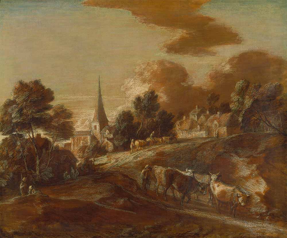 Thomas Gainsborough, An Imaginary Wooded Village with Drovers and Cattle, one of Gainsborough’s application of varnishing watercolors